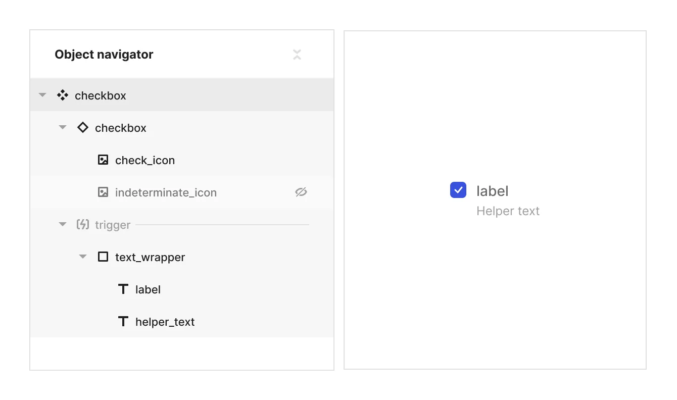 Checkbox field object navigator showing component structure