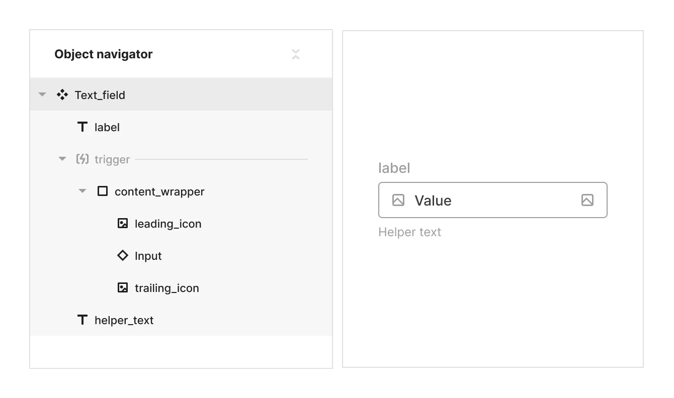 Text field object navigator showing the component structure